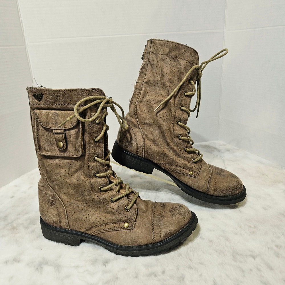 Roxy Brown Distressed Combat Boots 8 Gorpcore Utility Grunge Streetwear Hipster